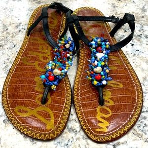 Sam Edelman brightly beaded black leather w buckle thong sandals. Sz8.5 …